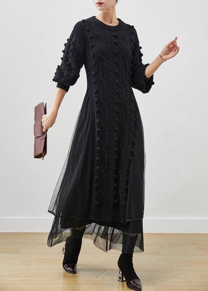 Black Side Open Knit Sweater Dress and Tulle Skirt Two Pieces Set Winter