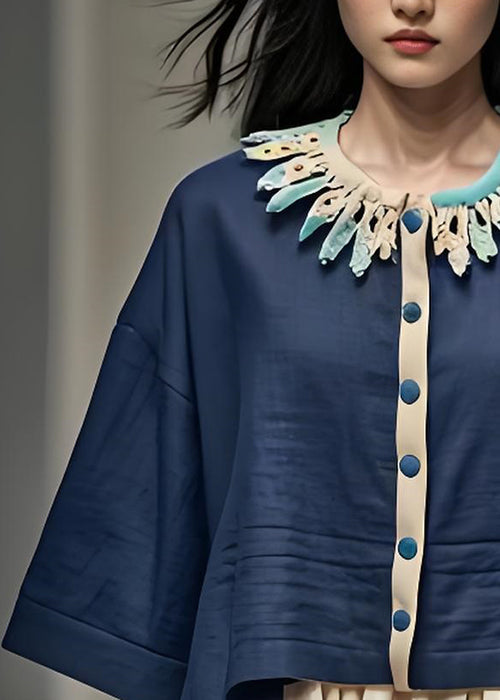 Navy Petal Neck Button Patchwork Cotton Short Coat Bracelet Sleeve