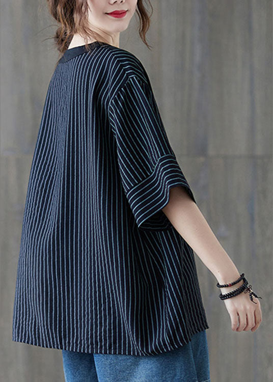 Black V Neck Striped Cotton Blouse Tops Half Sleeve