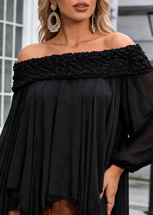 Black Slash Neck Asymmetrical Chiffon Shirt Spring