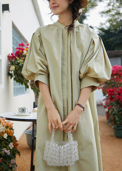 Unique Light Green Stand Collar Cotton Maxi Dress Fall