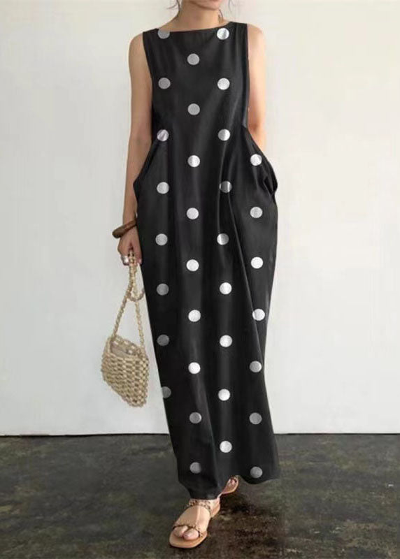 Grace Black Dot Print Pockets Long Dresses Sleeveless Summer