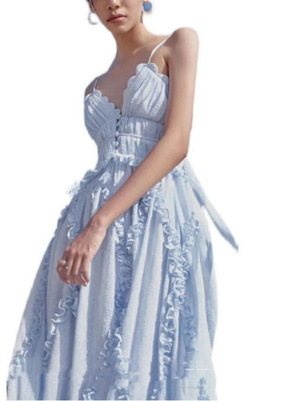 Light Blue Ruffled Patchwork Backless Spaghetti Strap Dresses Vestidos Summer