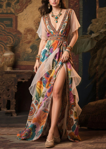 Khaki Print Patchwork Side Open Chiffon Evening Dress Summer
