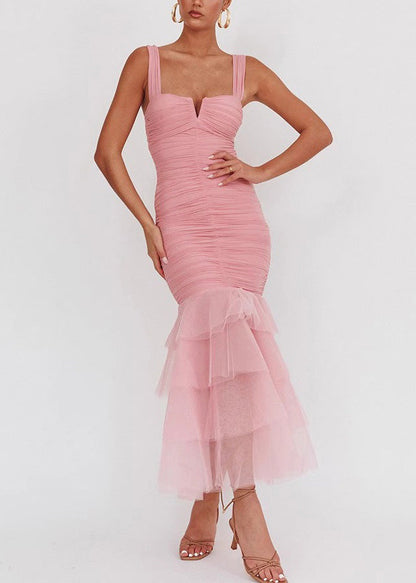 Slim Fit Pink Wrinkled Tulle Patchwork Long Dress Sleeveless Summer
