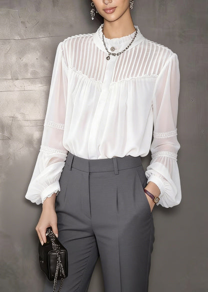 Style White Ruffled Patchwork Chiffon Shirts Lantern Sleeve