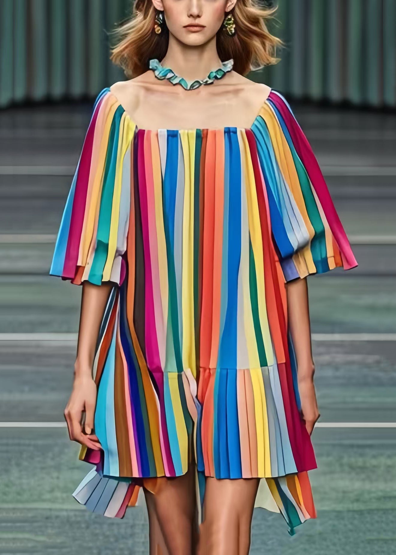 Rainbow Square Colla Striped Chiffon Tea Dress Summer