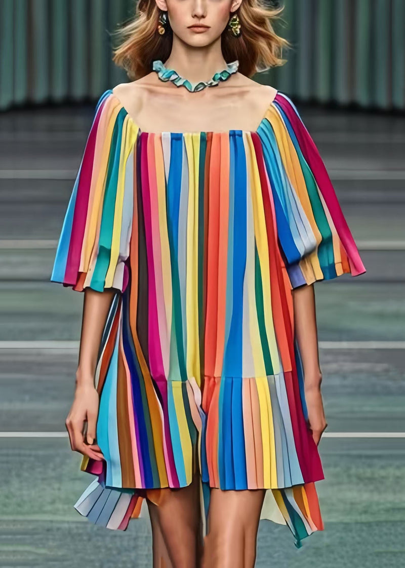 Rainbow Square Colla Striped Chiffon Tea Dress Summer