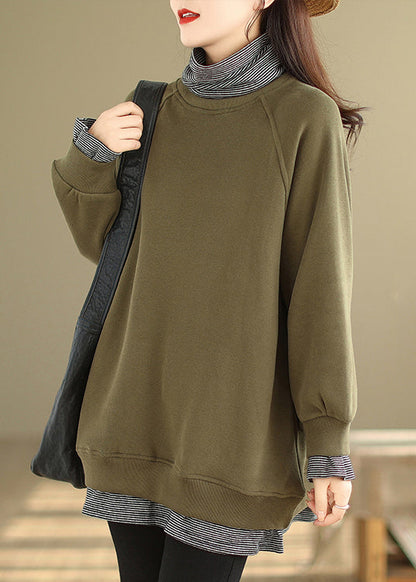 Green Hign Neck Patchwork Warm Fleece Pullover Winter