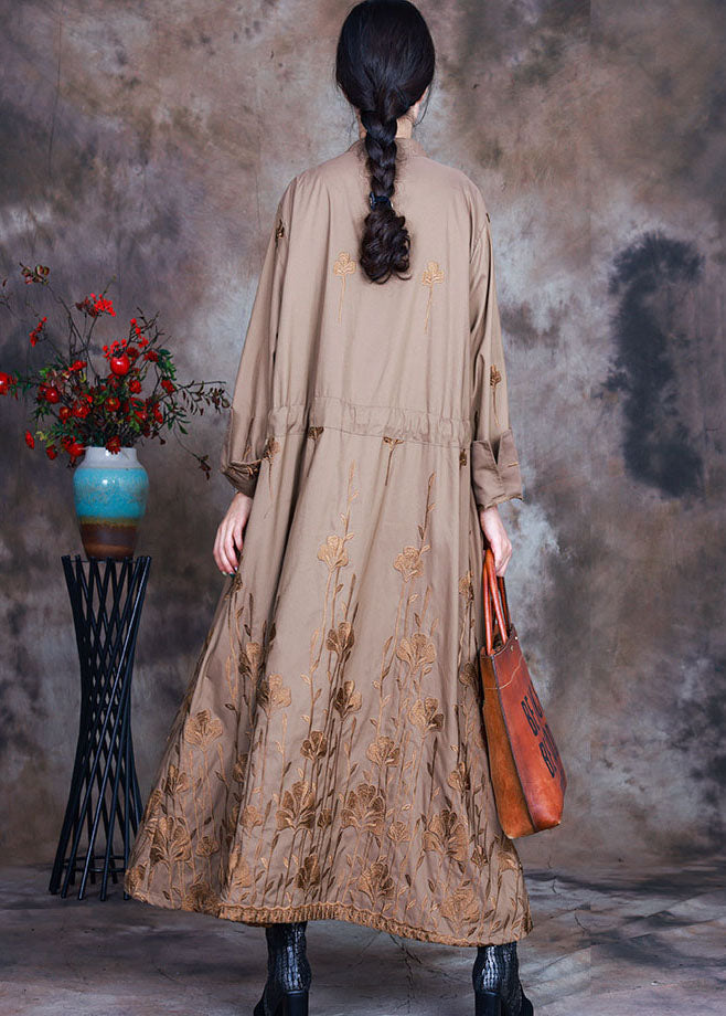 Art Khaki Embroideried Drawstring Spring Trench Coats