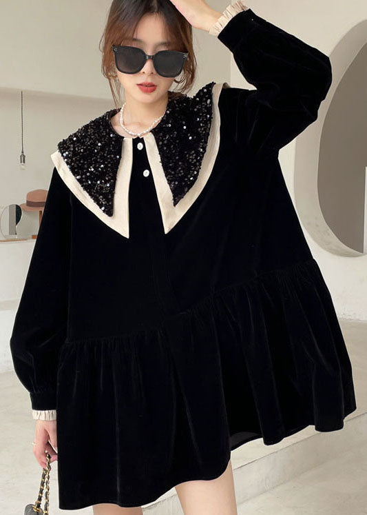 Boutique Black Sequins Patchwork Velour Dress Winter