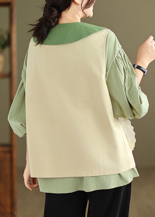New Khaki Waistcoat and Green Ruffled Blouses Cotton 2 Piece Outfit Fall
