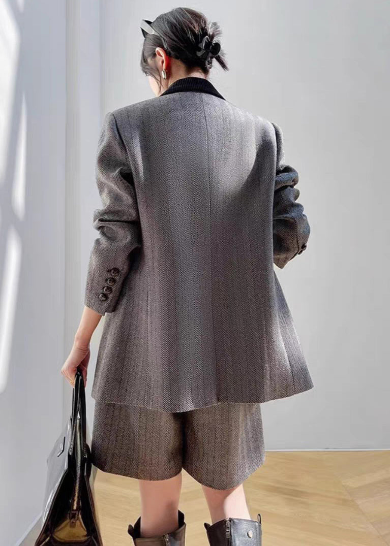 French Grey High Waist Coat and Shorts Thick Two Pieces Set Long Sleeve
