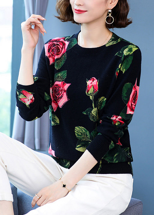 Black O Neck Print Woolen Knit Pullover Spring