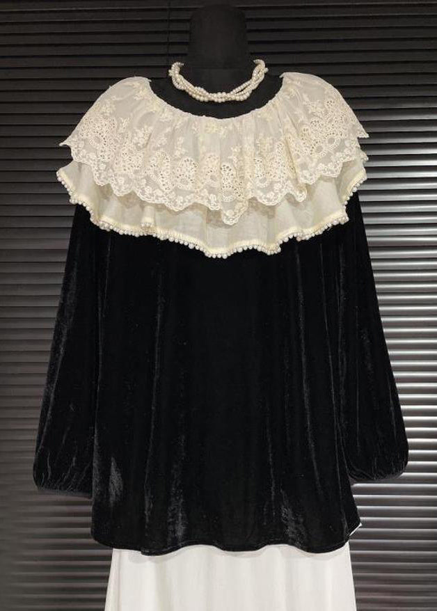 Fine Black Peter Pan Collar Patchwork Lace Silk Velour Shirt Fall