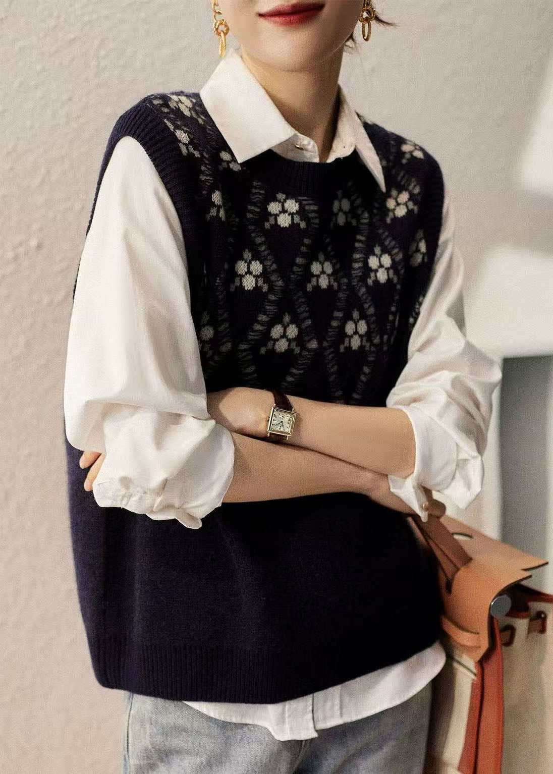 Camel O Neck Jacquard Woolen Vest Sleeveless Fall