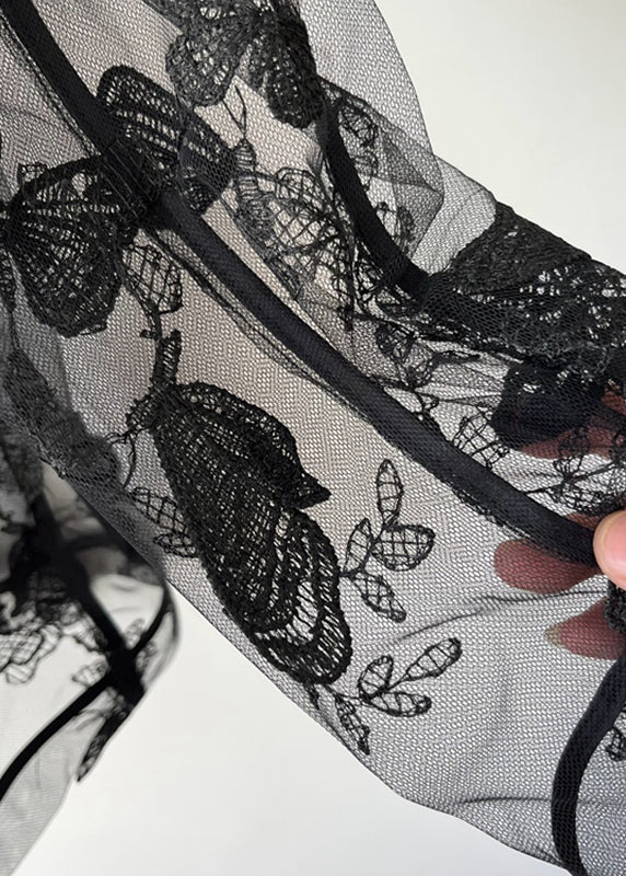 Oversized Black Notched Butterfly Embroidered Tulle Shirt Summer