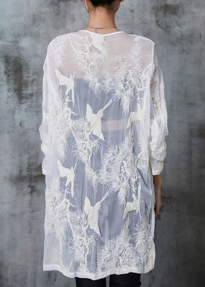 White Embroidered Chiffon Upf 50+ Long Shirt Summer