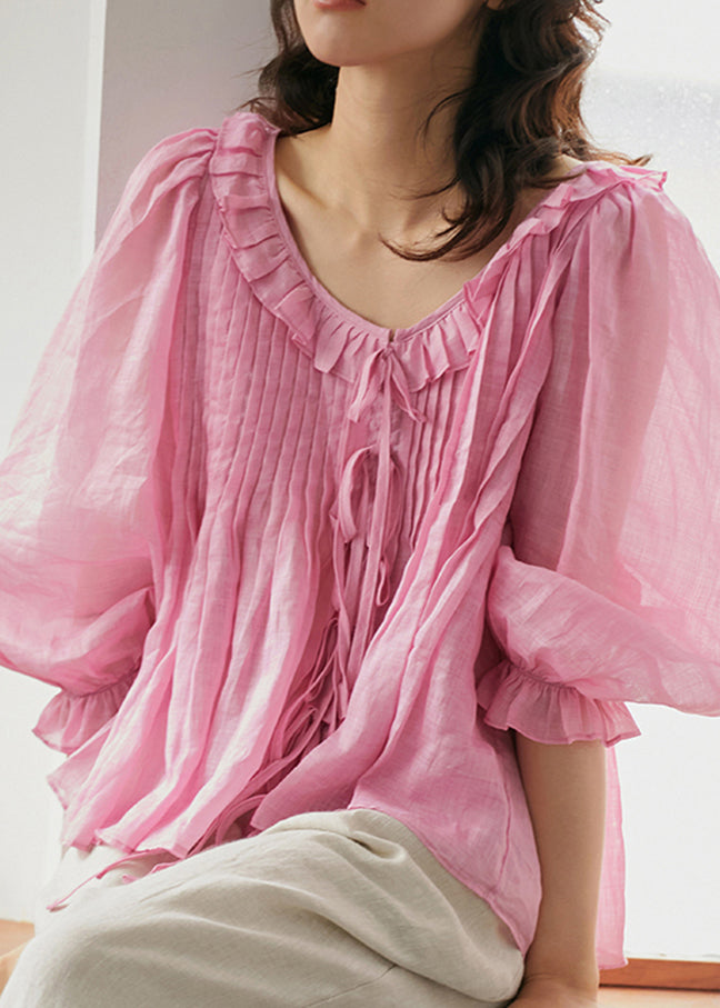 Natural Pink O-neck Ruffled Patchwork Tie Waist Ramie Shirts Fall