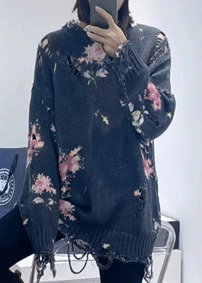 Dark Gray Hole Patchwork Knit Sweaters Top Fall