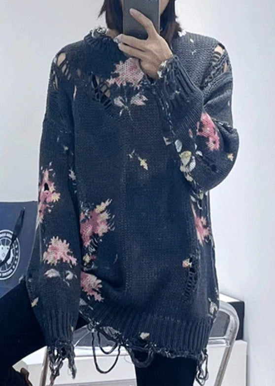 Dark Gray Hole Patchwork Knit Sweaters Top Fall