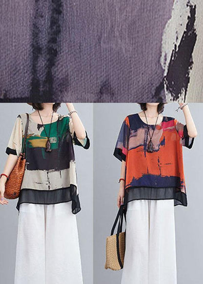 Diy Purple Print Chiffon Tops White Wide Leg Summer Two Pieces Set