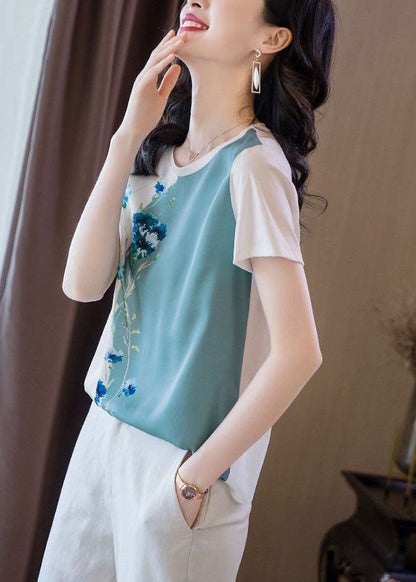 Colorblock O-neck Oversized Print Silk Tanks Summer