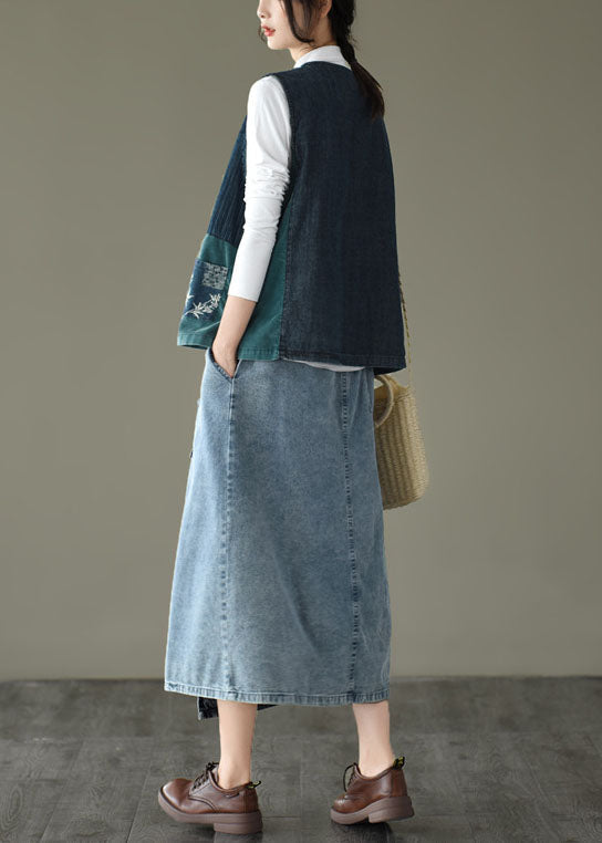 Fitted V Neck Button Patchwork Denim Tanks Sleeveless