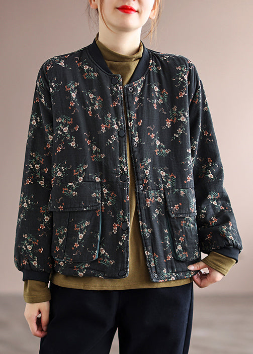 Black Print Pockets Patchwork Fine Cotton Filled Jackets Winter
