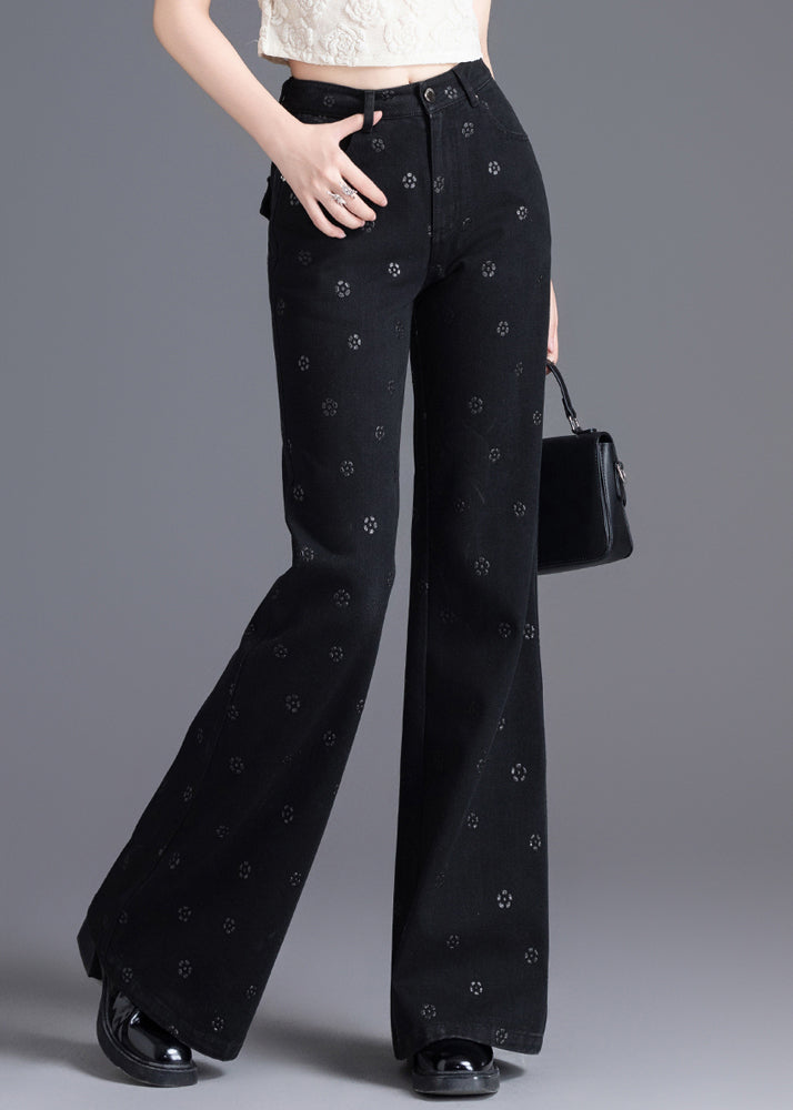 Slim Fit Black Pockets Print Denim Flared Trousers Spring