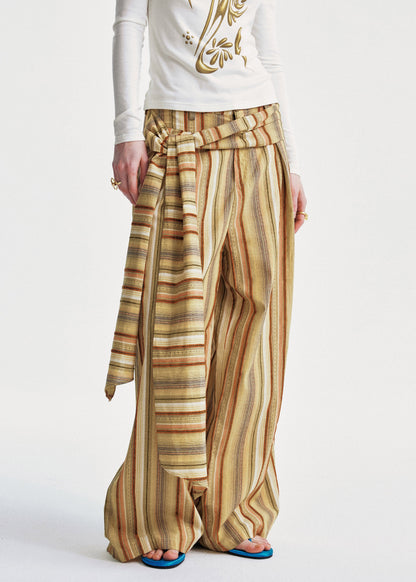 Yellow Striped Cotton Wide Leg Pants Summer