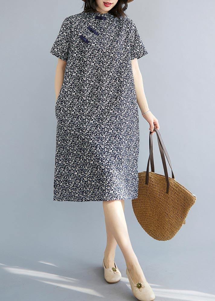 Fitted Blue Print Cotton Side Open Summer Long Dresses