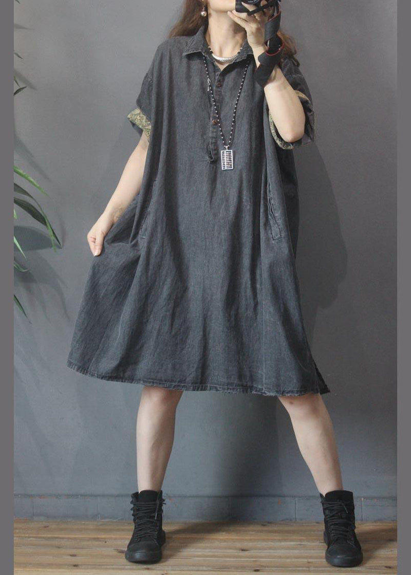 Black Grey Turn-down Collar Button Summer Maxi Dresses