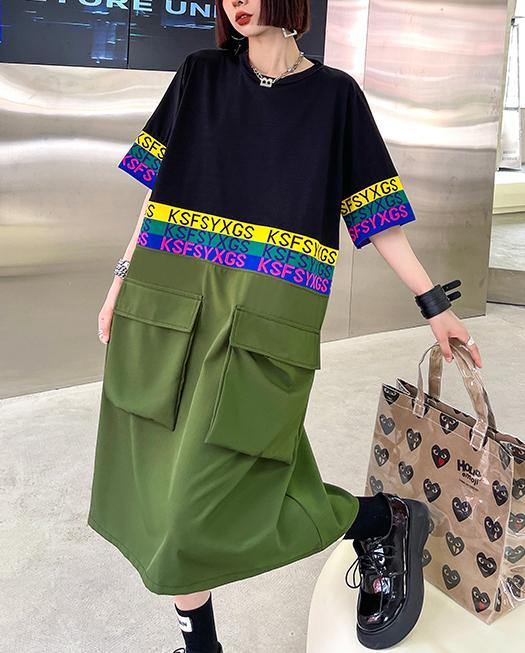 Fine Black Patchwork Green Pockets Holiday Summer Cotton Dress