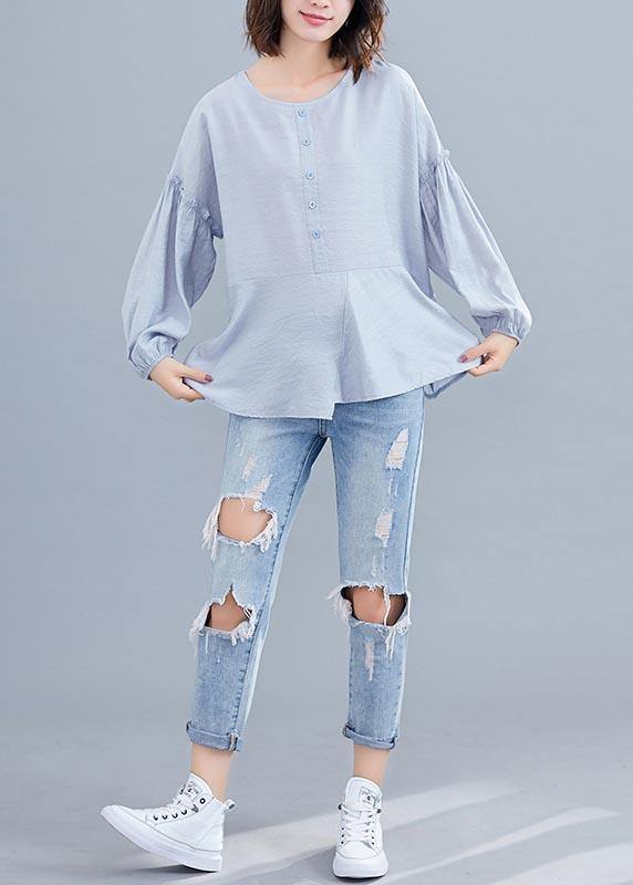 Light Green Asymmetrical Design Long Sleeve Cotton Linen Summer Blouses