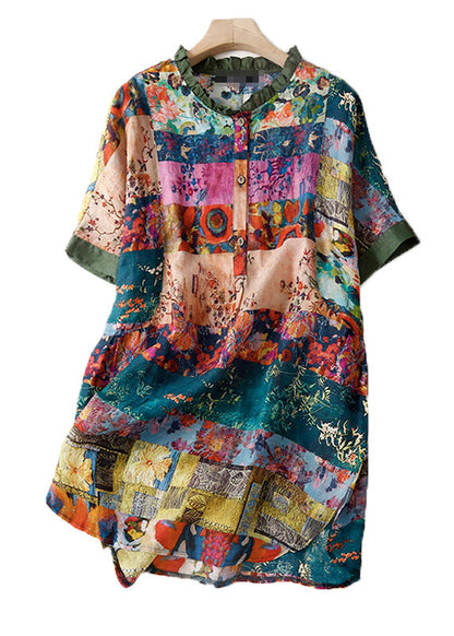 Print Button Side Open Linen Shirts Short Sleeve