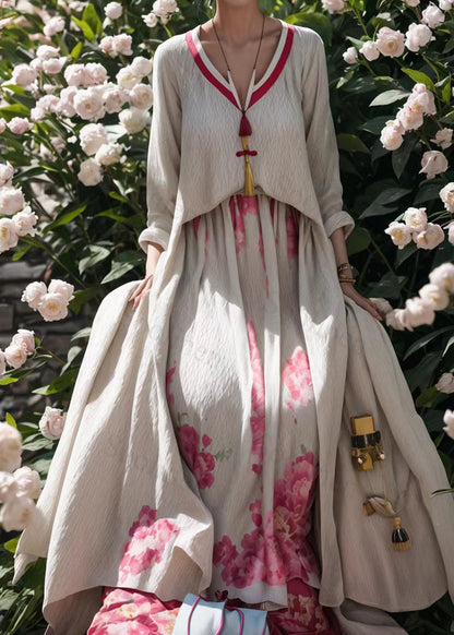 Apricot V Neck Print Wrinkled Silk Maxi Dresses Fall