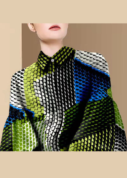 Colorblock Button Peter Pan Collar Print Blouses Lantern Sleeve
