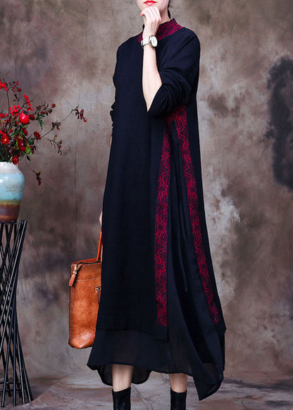 Purple Black O-neck Side Open Tulle Patchwork Knit Dresses Spring