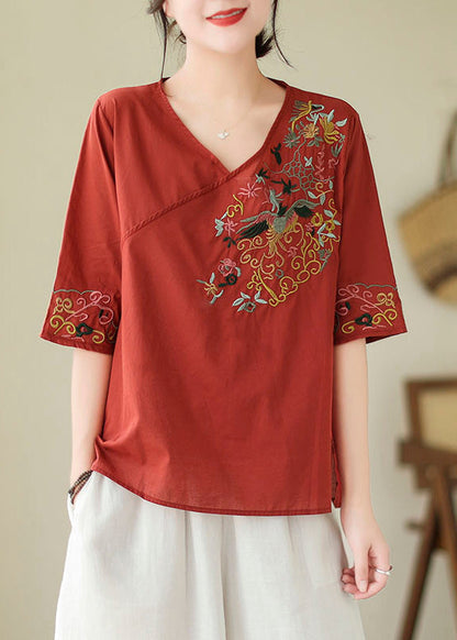 Italian Red Side Open Cotton Top Half Sleeve