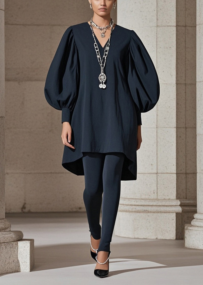 Black Puff Sleeve Cotton Work Dress Fall