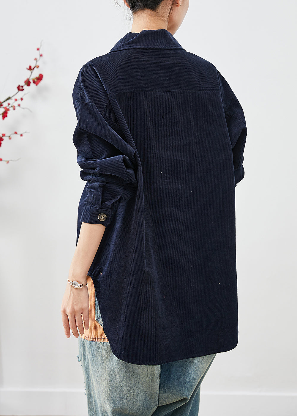 Navy Oversized Pockets Corduroy Coats Fall