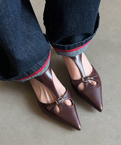 Splicing Chunky Hollow Out Sandals Brown Cowhide Leather