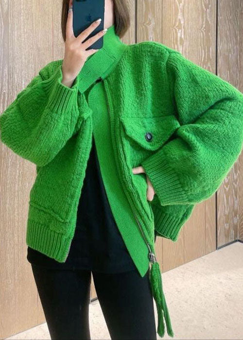Green Zip Up Pockets Knitted Tops Coat Spring
