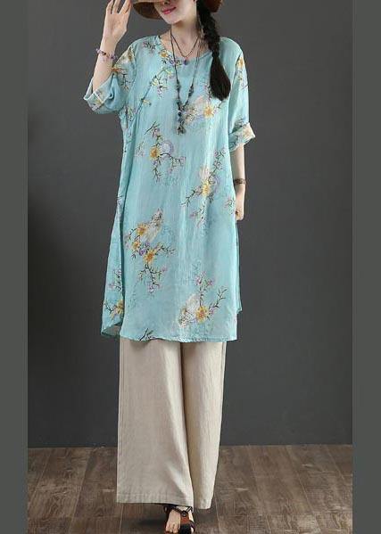 Boutique Blue Print Half Sleeve Long Linen Summer Tops