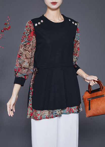 Red Print Patchwork Spandex Fake Two Piece Shirt Fall