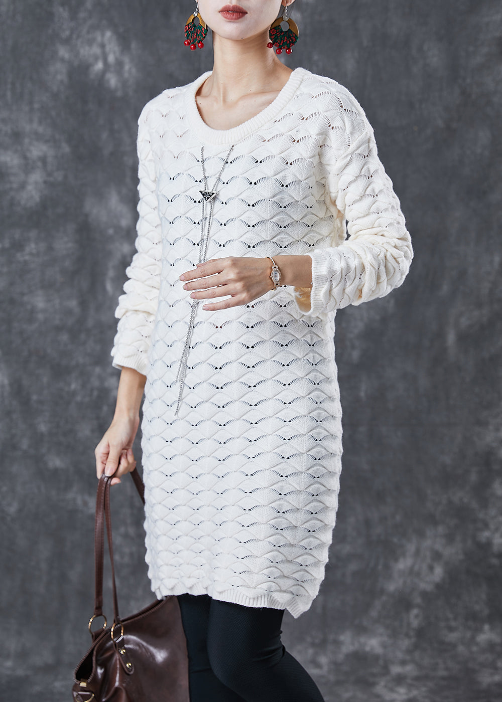 White O-neck Thick Knit Sweater Dress Winter