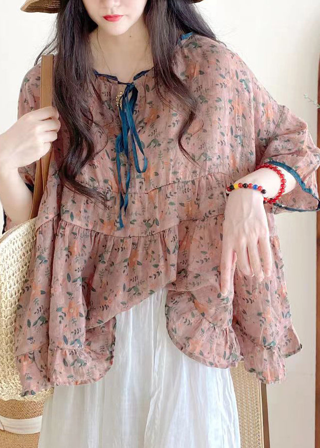 Organic Pink Ruffled Print Lace Up Cotton Shirts Half Sleeve Summer