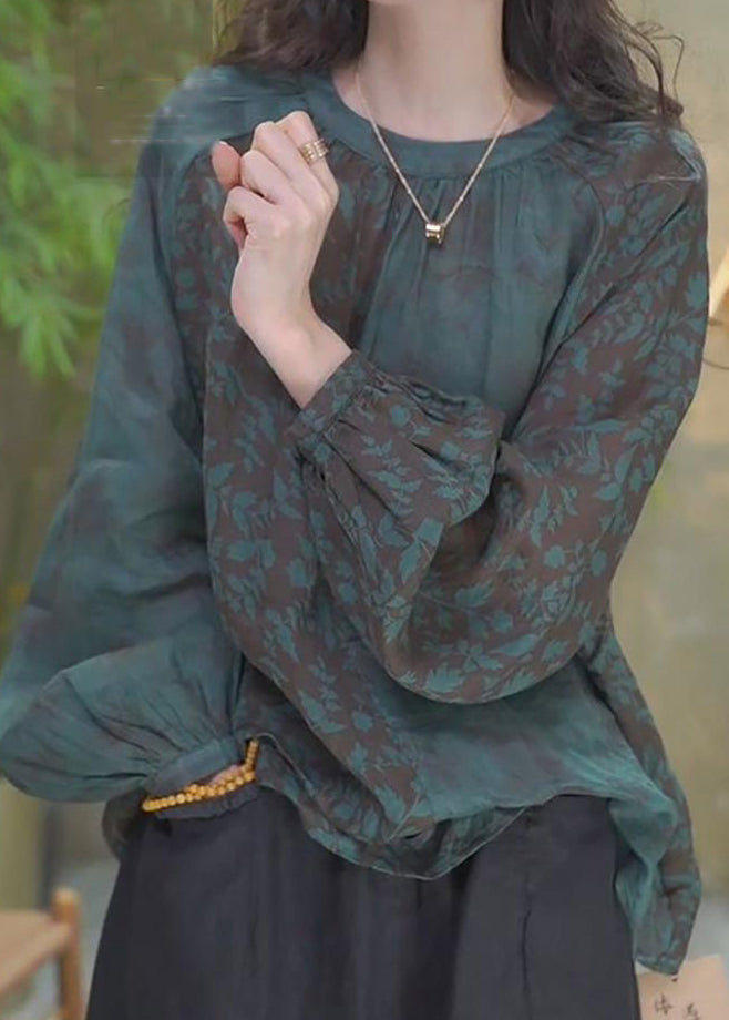Blackish Green O Neck Print Cotton Top Lantern Sleeve