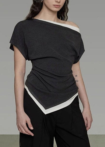 Dark Grey Slash Neck Asymmetrical Top Short Sleeve
